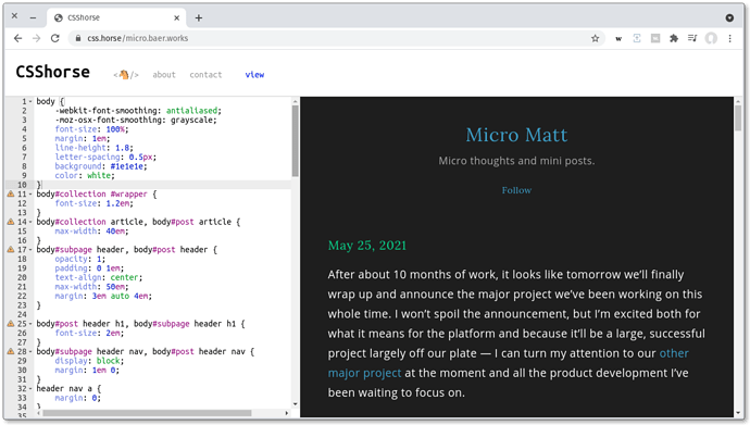 A screenshot of css.horse, with an editor on the left and a blog preview of micro.baer.works on the right