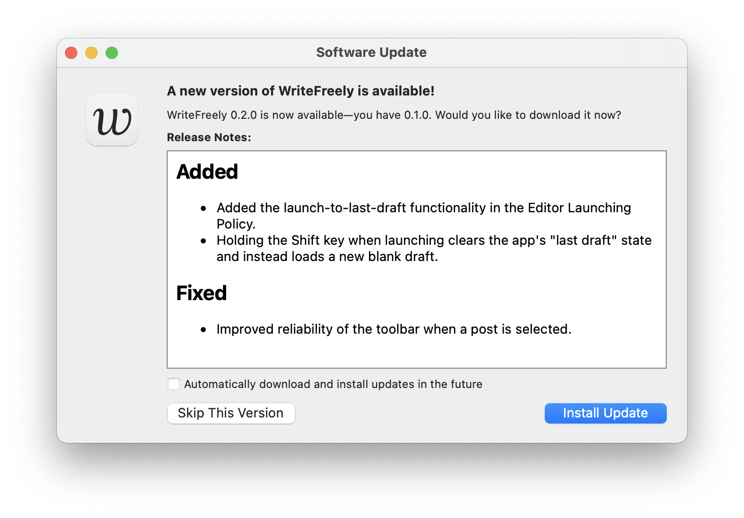 Screenshot of WriteFreely updater window