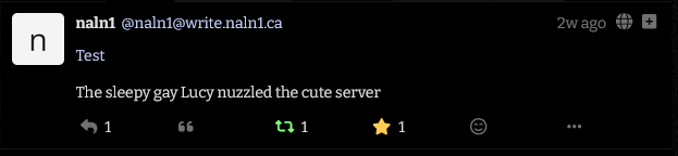 naln1 @naln1@write.naln1.ca / Test / The sleepy gay Lucy nuzzled the cute server